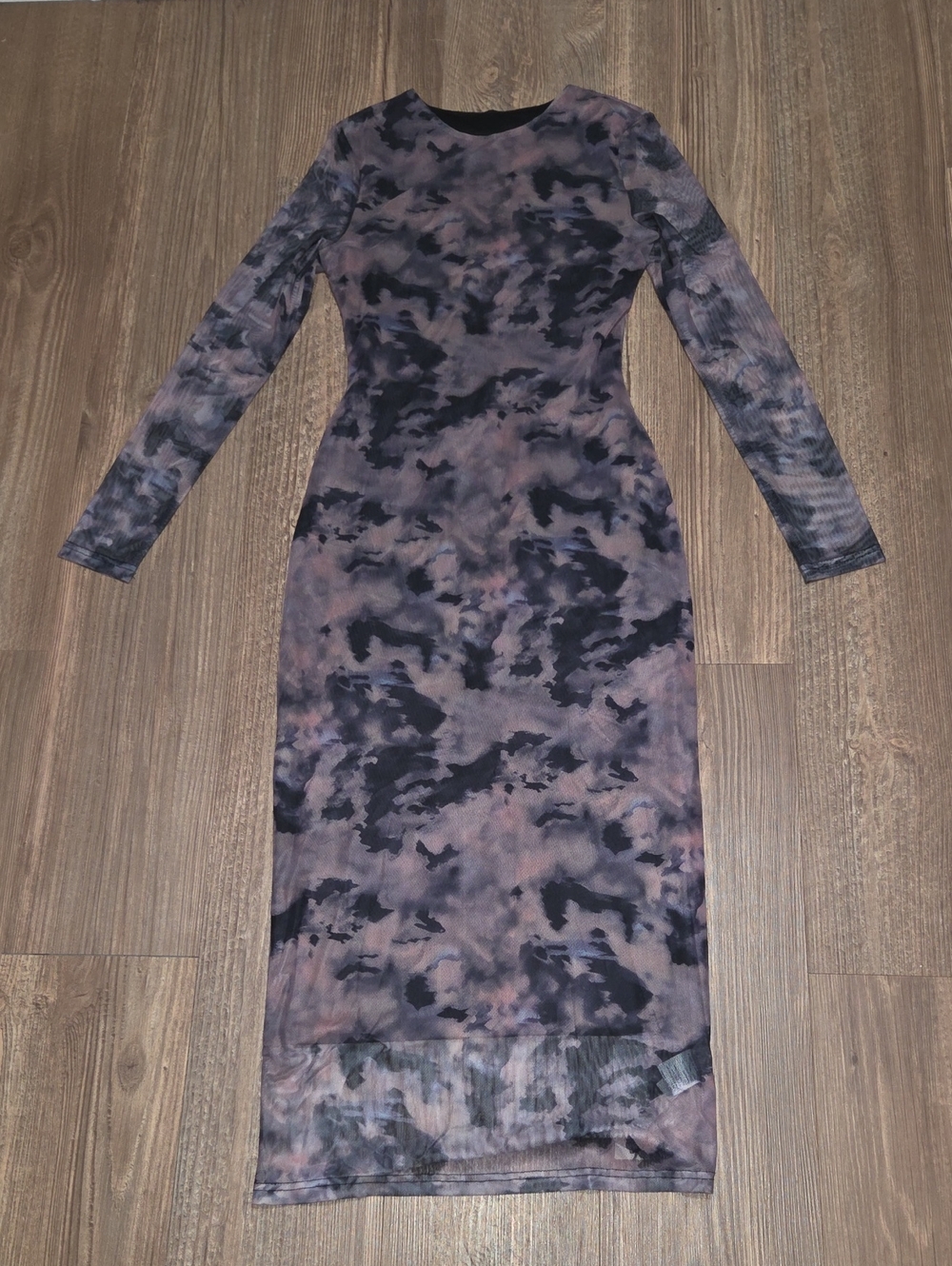 Long Sleeve Bodycon Tie-Dye Midi Dress - Black and Gray